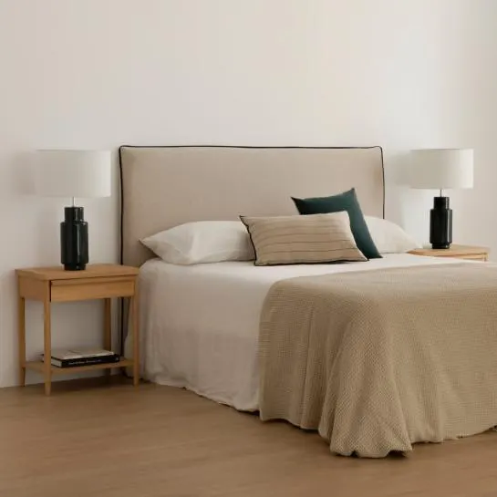 Cabecero tapizado desenfundable 150/160 beige ribete negro