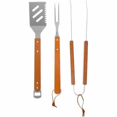Set de 3 pièces en inox pour barbecue ou plancha - manche en bois - 40 cm