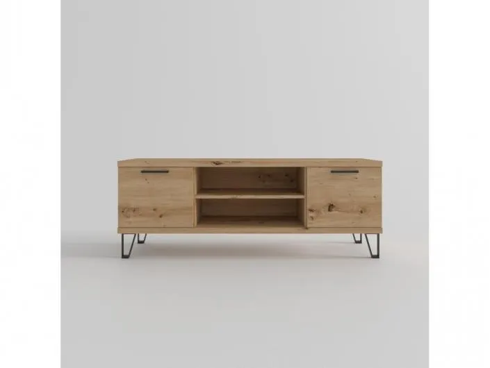 Mesa tv. 2 puertas y huecos con patas diáfanas color artisan-negro de 140 cm.