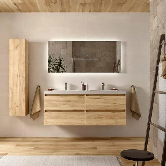 Mueble de Baño BEQUIA 140cm Roble | Lavabo Toscana Carga Mineral