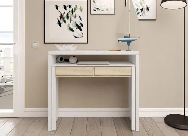 Mobelcenter - Mesa Escritorio Extensible con 2 Cajones - Color Blanco Artik y Roble Canadian - An: 98,5 cm x Al: 87,5 cm x F: 36-70 cm - (0902)