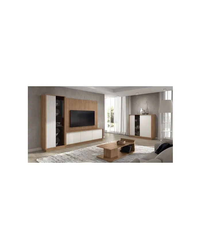 Mueble de salón en varios tonos con listones y cristal