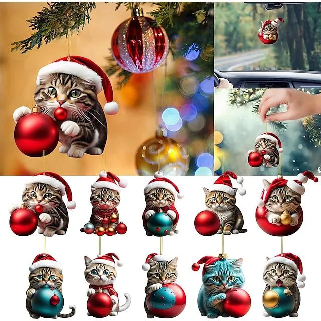 Árbol de Navidad adorno de gato decoración 2d acrílico plano creativo coche colgante mochila colgante Navidad decoración del hogar regalo de Navidad