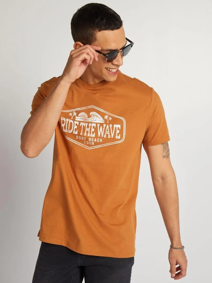 Camiseta de algodón estampada con cuello redondo - MARRON