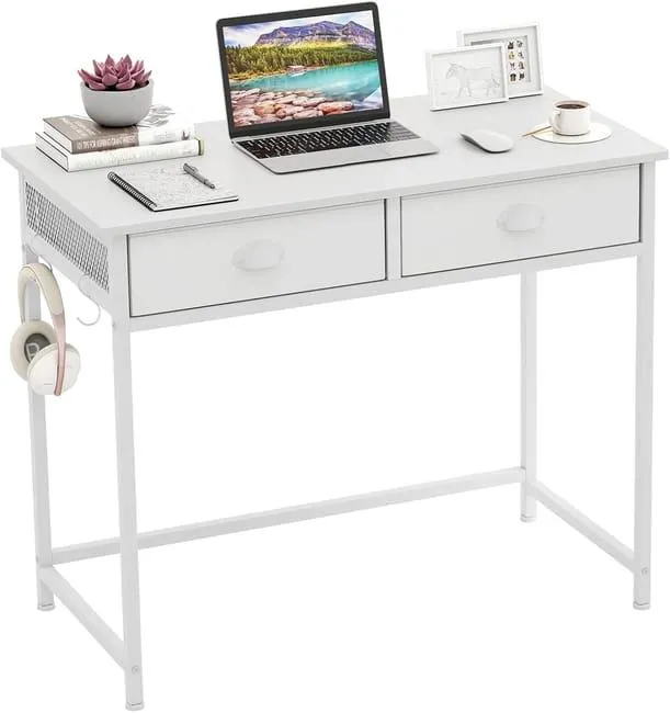 Escritorio con cajón de tela, mesa de estudio con 4 ganchos en forma de S, tirador metálico en forma de concha, patas ajustables, blanco