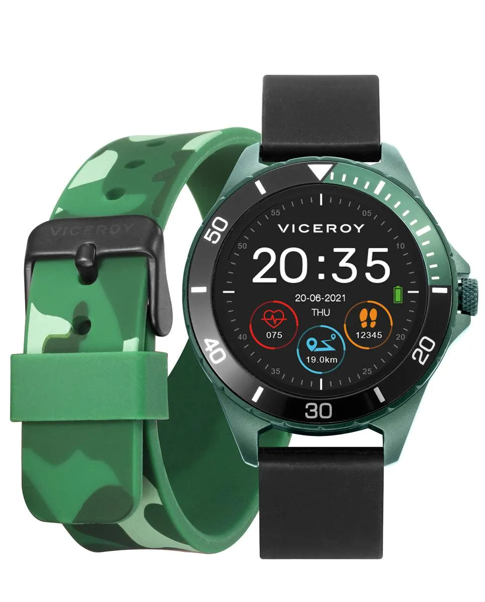 Smartwatch infantil Smartpro con correa de silicona negra y correa adicional con estampado de camuflaje verde