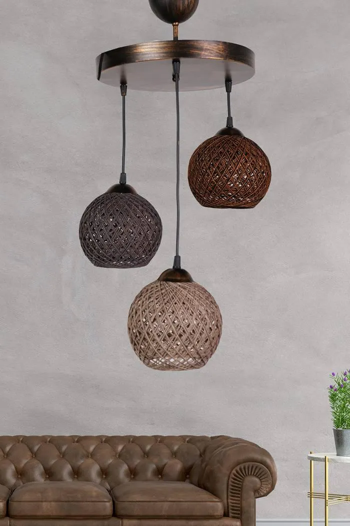 Brax Lámpara colgante de 3 luces escalera D32cm Metal dorado antiguo y algodón marrón Beige y Naranja