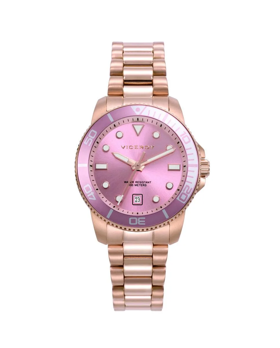 Reloj caja de acero Ip rosa con bisel de aluminio en color rosa, 10 atm, brazalete de acero Ip rosa, movimiento cuarzo