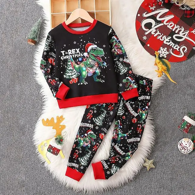 Navidad Chico 3D Dinosaurio Árbol de Navidad Sudadera y Pantalones Conjunto Manga Larga Impresión 3d Otoño Invierno Activo Moda Fresco Poliéster Niños 3-12 años Cuello Barco Exterior Calle Vacaciones