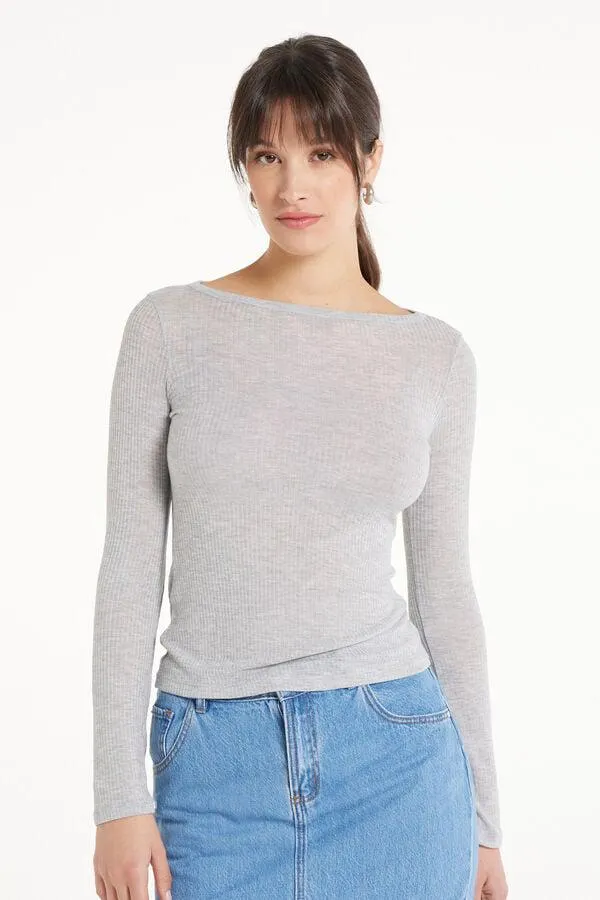 Camiseta de Manga Larga con Escote Barco de Viscosa Ultraligera de Canalé