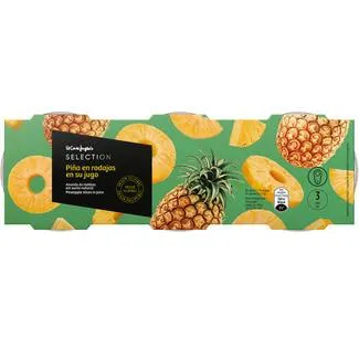 EL CORTE INGLES SELECTION piña en rodajas en su jugo pack 3 latas 139 g neto escurrido