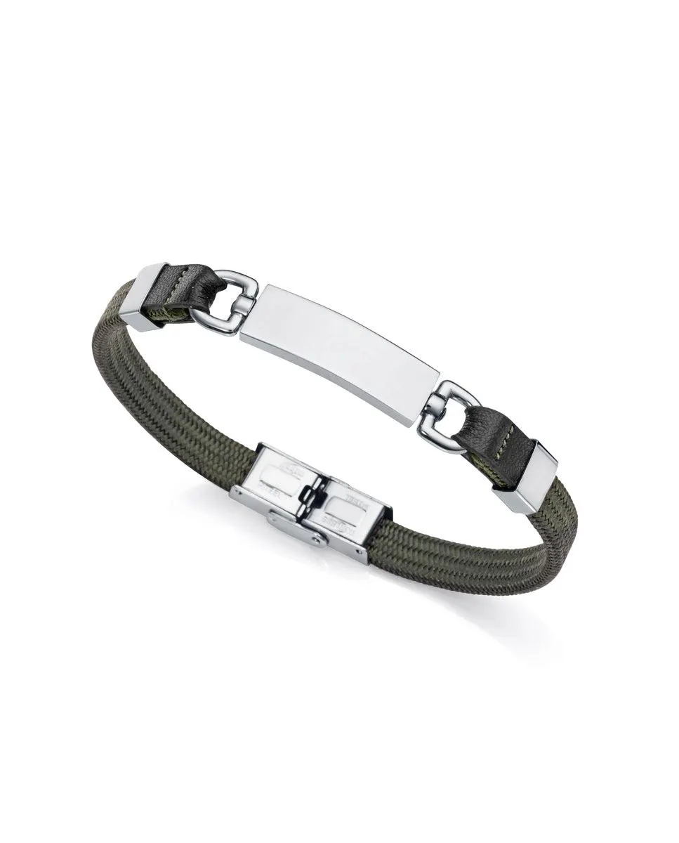 Pulsera Magnum de nailon verde y piel negra con motivo en acero
