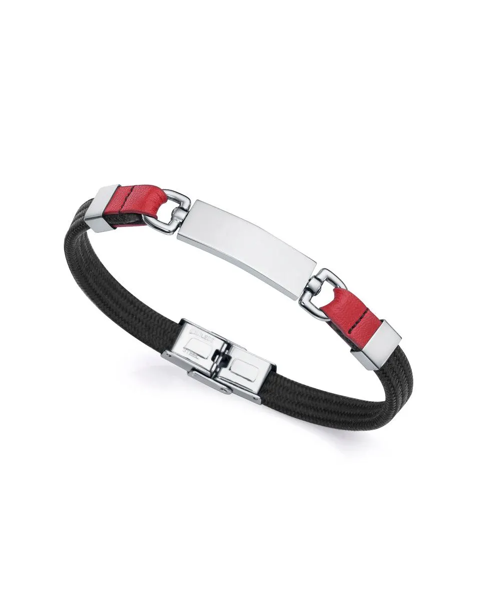 Pulsera Magnum de nailon negro y piel rojo con motivo en acero