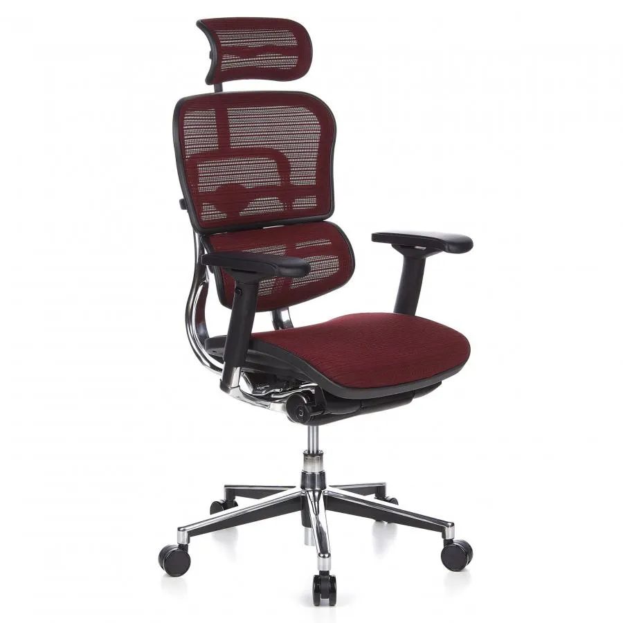 Silla de oficina Ergohuman con reposacabezas, aluminio, red - Rojo