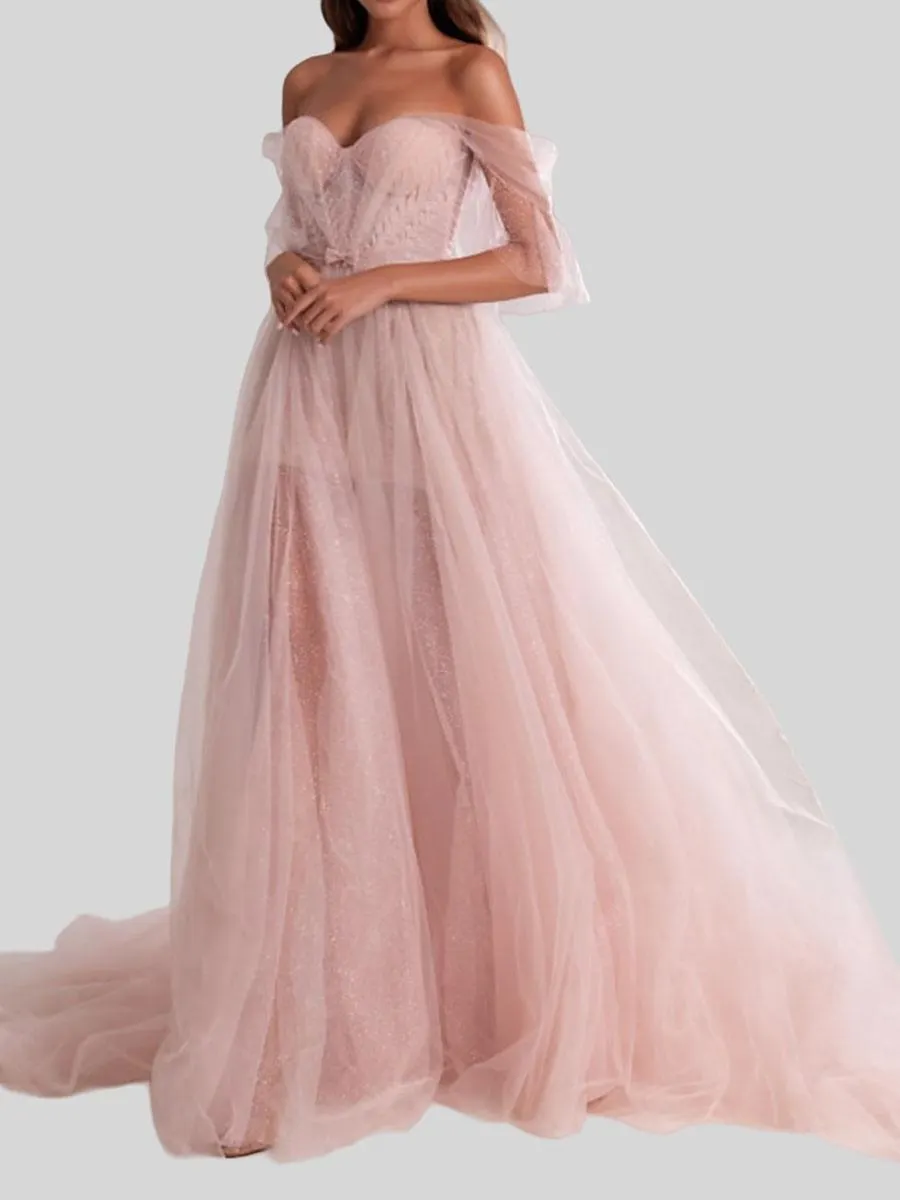 Vestido de noche Una línea de tul sin tirantes con lazos de tren Vestidos de fiesta social