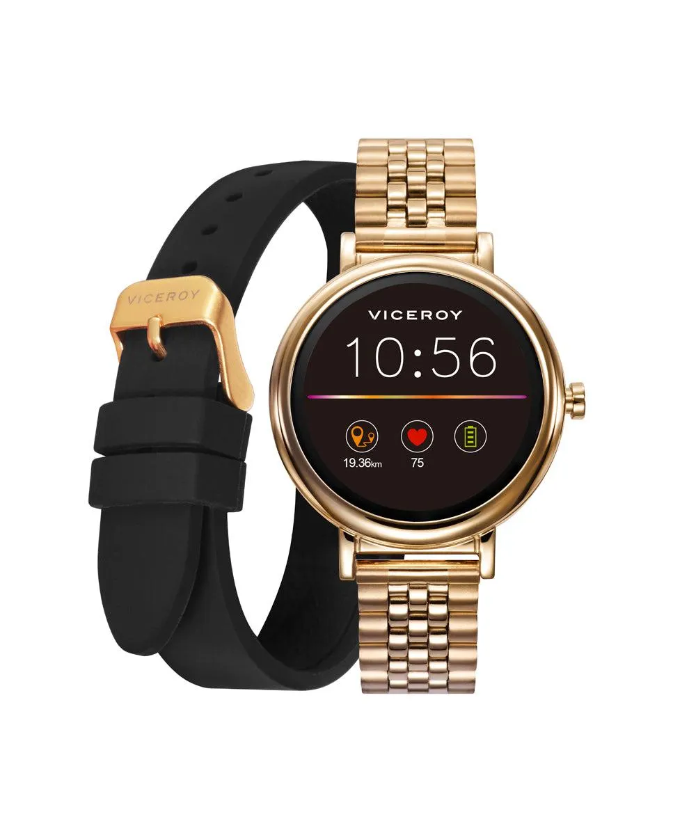 Smartwatch de acero Ip dorado y brazalete con correa de caucho negra de recambio