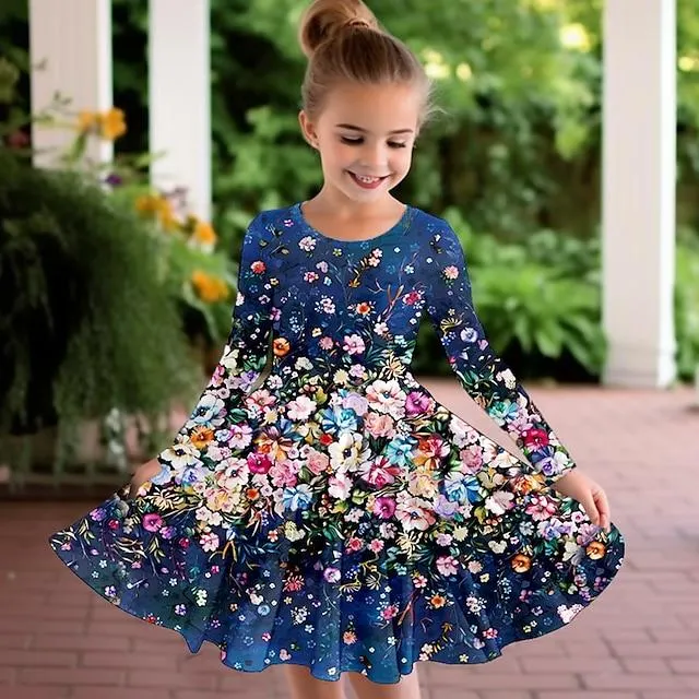 Girls ' 3D Graphic Floral Vestido Manga Larga Impresión 3D Verano Otoño Deporte Diario Festivos Estilo lindo Casual Hermosa Niños 3-12 años Vestido informal Vestido de una línea Sobre la rodilla