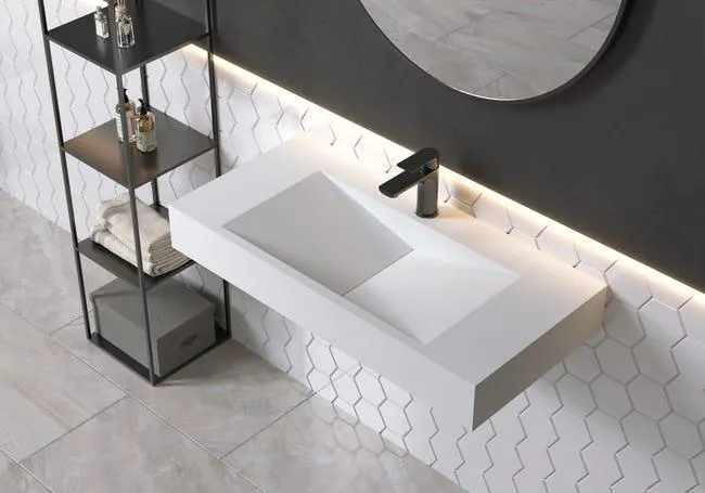 BERNSTEIN - PB2049 Lavabo rectangular mural de piedra maciza (mineral fundido) - 90x45x12cm - blanco mate