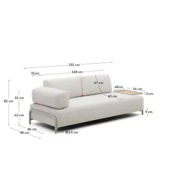 Sofá Compo 3 plazas chenilla beige, bandeja grande chapa roble y estructura metal beige 232cm FSC Mix Credit