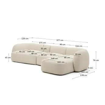 Sofá modular Martina 4 plazas de chenilla con chaise longue derecho crudo 377 cm
