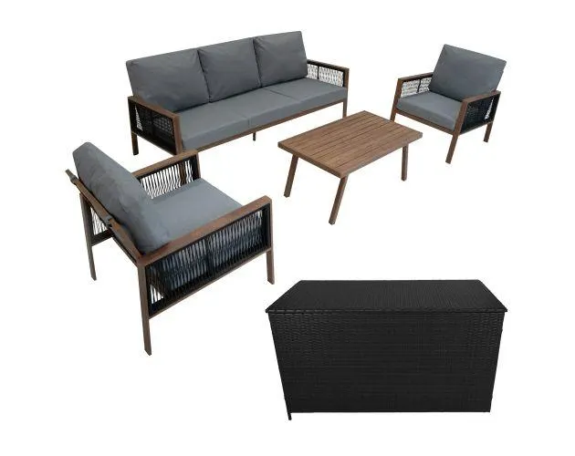 Conjunto de aluminio 5 plazas/4piezas color madera + Caja ratán negro 582L