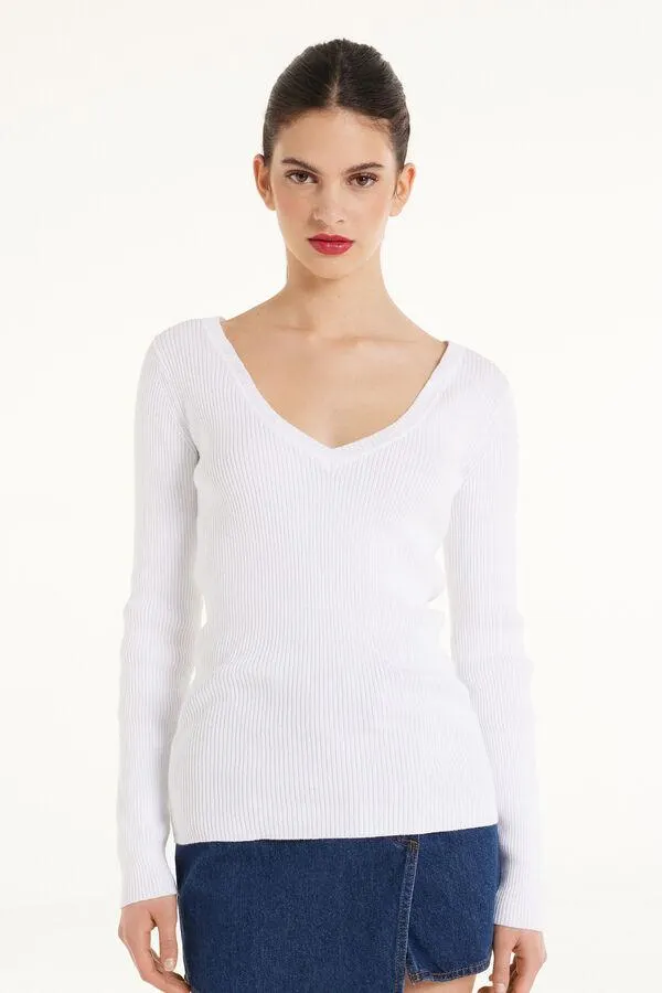 Camiseta de Manga Larga con Escote Pico de Canalé