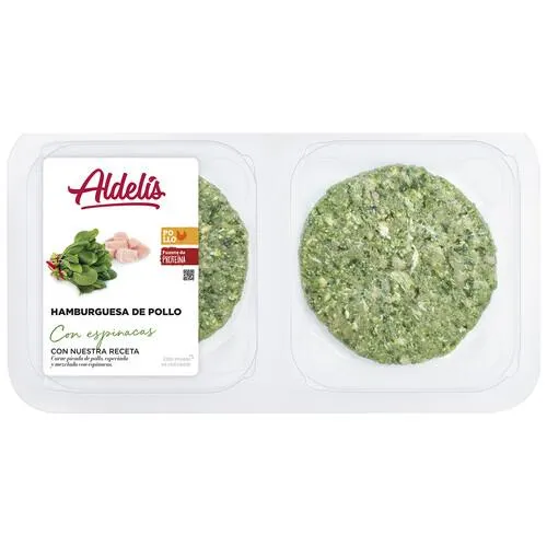 Bandeja con hamburguesas de pollo con espicanas ALDELÍS 313 g.