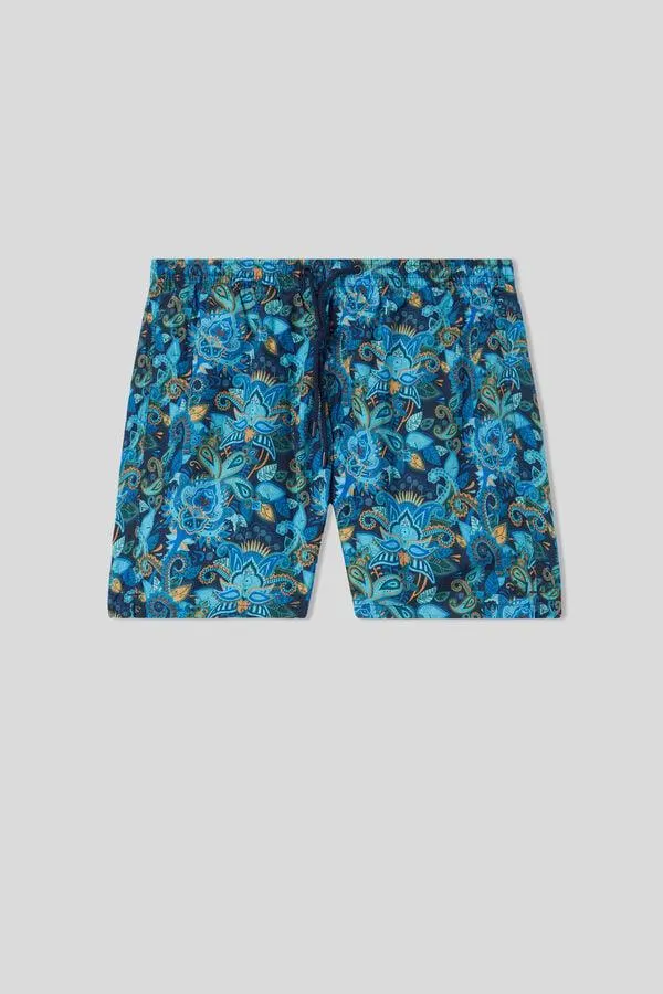Light Blue and Gold Paisley Swim Trunks