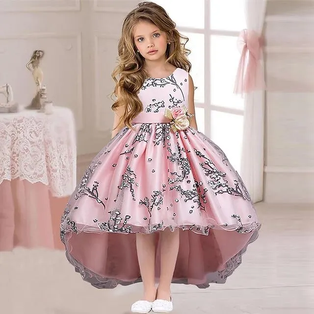 Niños Chica Vestido Floral Color sólido Sin Mangas Boda Fiesta Frunce Malla Estilo lindo Princesa Poliéster Asimétrico Vestido con bordado floral Vestido de una línea Vestido de Tul Verano Primavera
