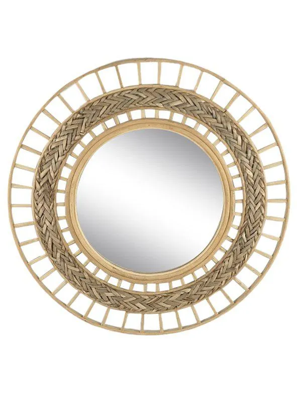 Espejo de pared redondo de ratán y junco