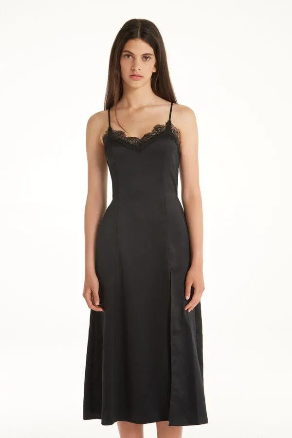 Vestido Midi con Tirantes Finos de Raso y Encaje