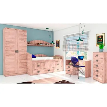 Dormitorio juvenil en color roble con cama compacta