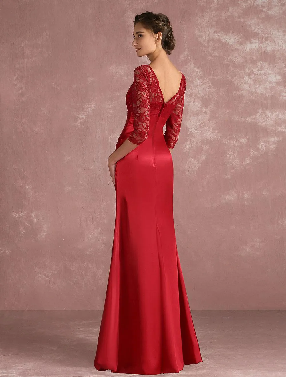 Vestido para la madre de los novios de color borgoña con escote redondo con 3/4 manga con pliegues de silueta sirena hasta el suelo vestidos de madrina de boda