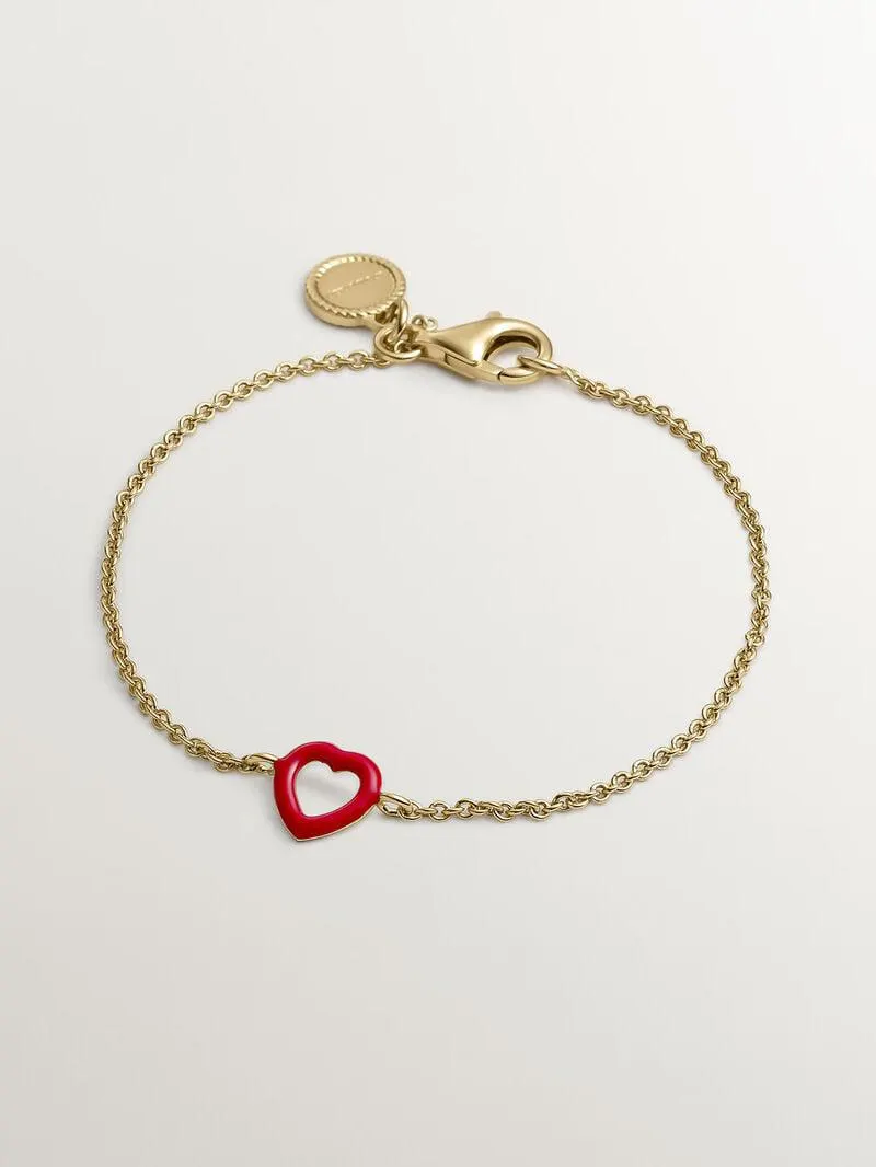 Pulsera de plata 925 bañada en oro amarillo de 18K con corazón de esmalte rojo