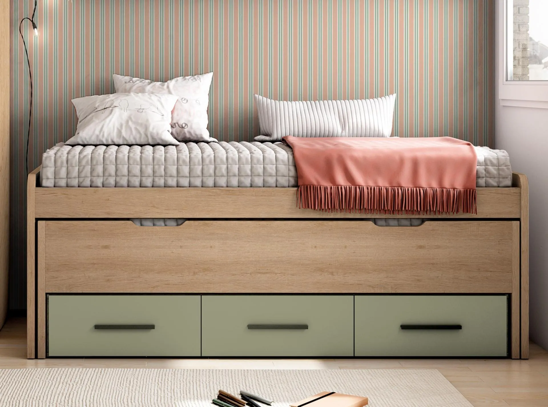 Compacto de 90x190 cm con cama nido y 3 cajones