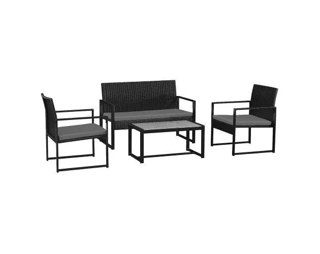 Conjunto jardín majorque en resina trenzada negra 4 plazas - cojines grises