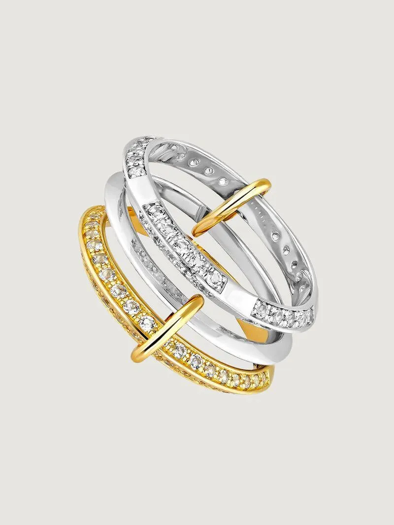 Anillo ancho triple de plata 925 bañada en oro amarillo de 18K con topacios blancos