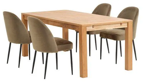 Mesa HAGE L190 roble + 4 sillas VASBY terciopelo oliva/negro