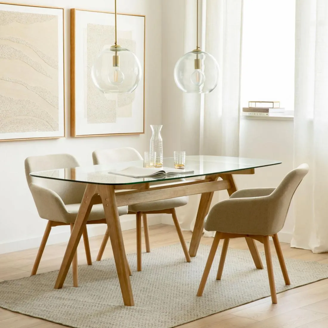 Mesa de comedor rectangular sobre cristal y madera maciza 180