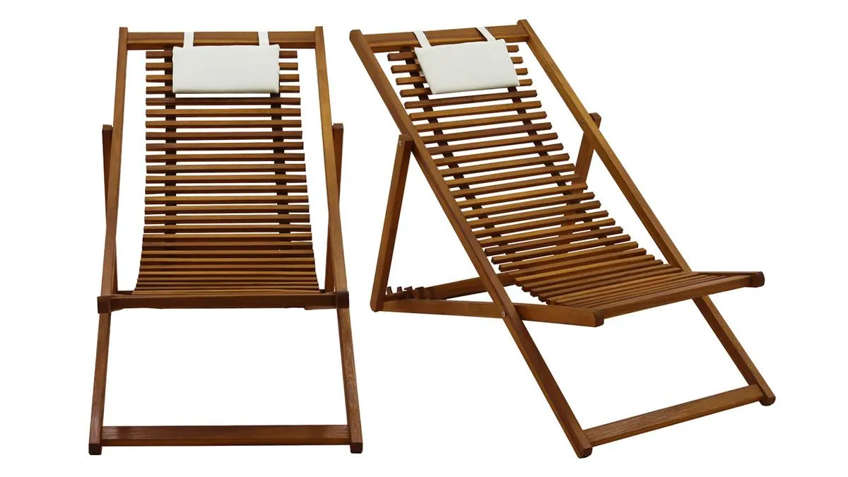 Set de 2 tumbonas de madera maciza con cojín de tela blanca MOONA