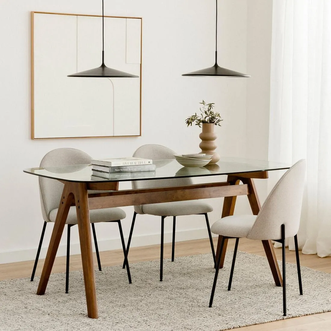 Mesa de comedor rectangular sobre cristal y madera maciza nogal 160