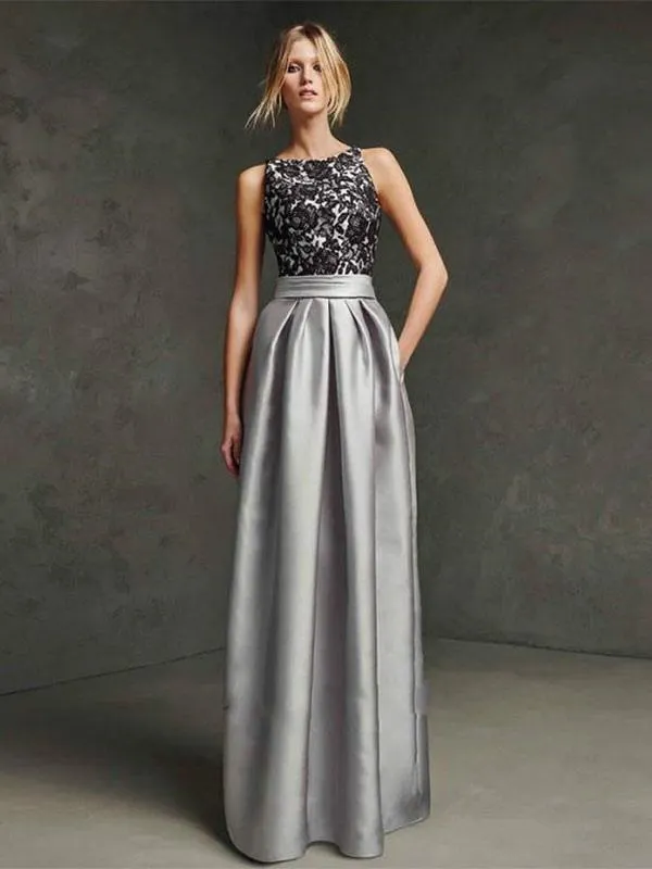 Vestido de noche Corte A Joya Escote Encaje Hasta el suelo Vestidos de fiesta formales