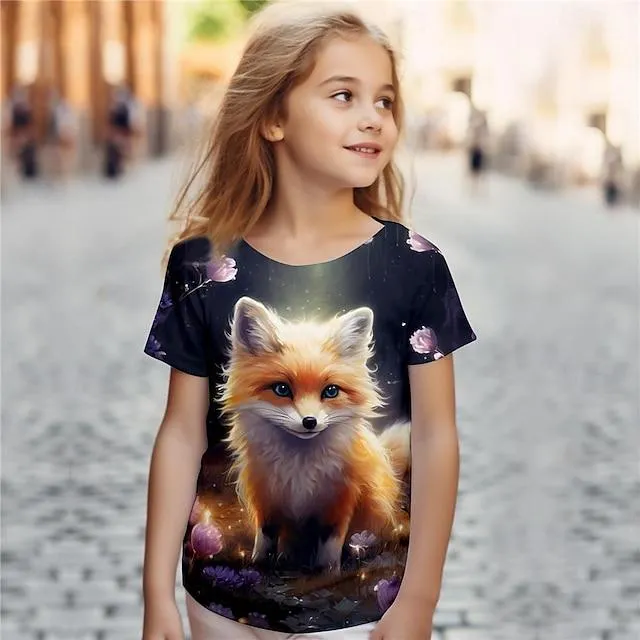 chica 3d fox camisetas manga corta estampado 3d verano activo moda lindo poliéster niños 3-12 años cuello redondo al aire libre casual diario regular fit