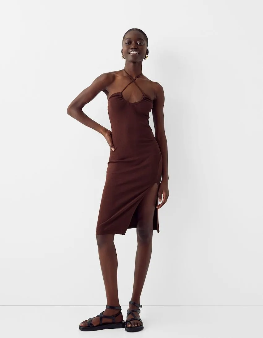 Midi dress with gathering and slit