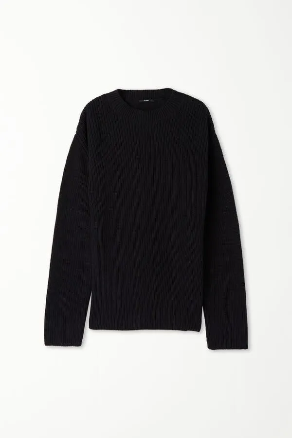 Jersey de Manga Larga de Canalé con Cuello Redondo