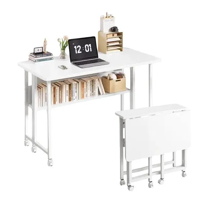 Escritorio Plegable Blanco con Ruedas y Estanteria. 80x58x75 cm.
