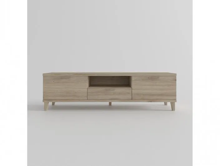 Mesa tv. 2 puertas,hueco y 1 cajón con patas inclinadas color roble de 180 cm.