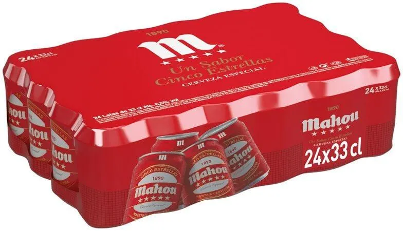 Cerveza rubia especial Mahou 5 Estrellas pack 24 latas 33cl