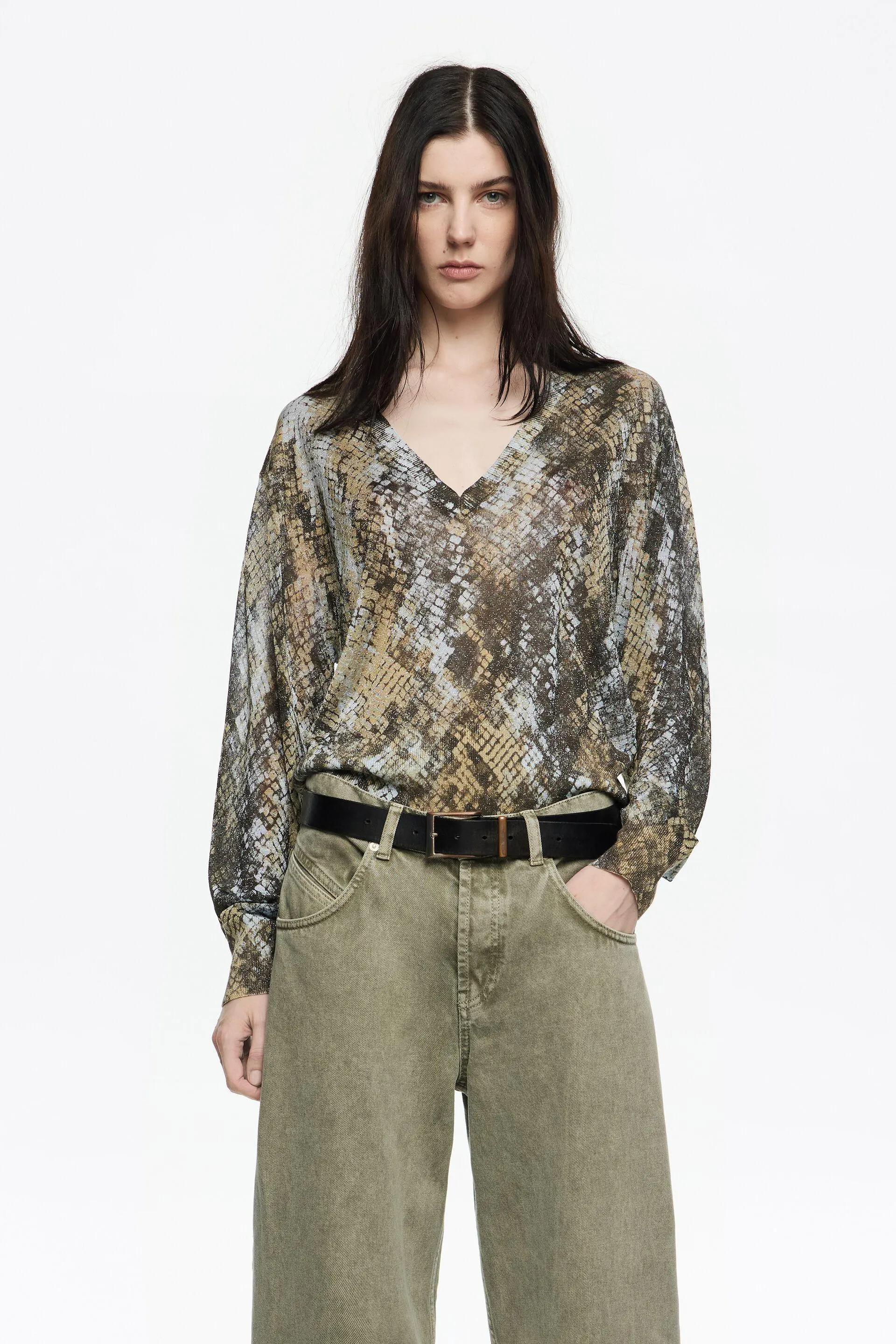 Jesery lúrex escote pico Snake caqui