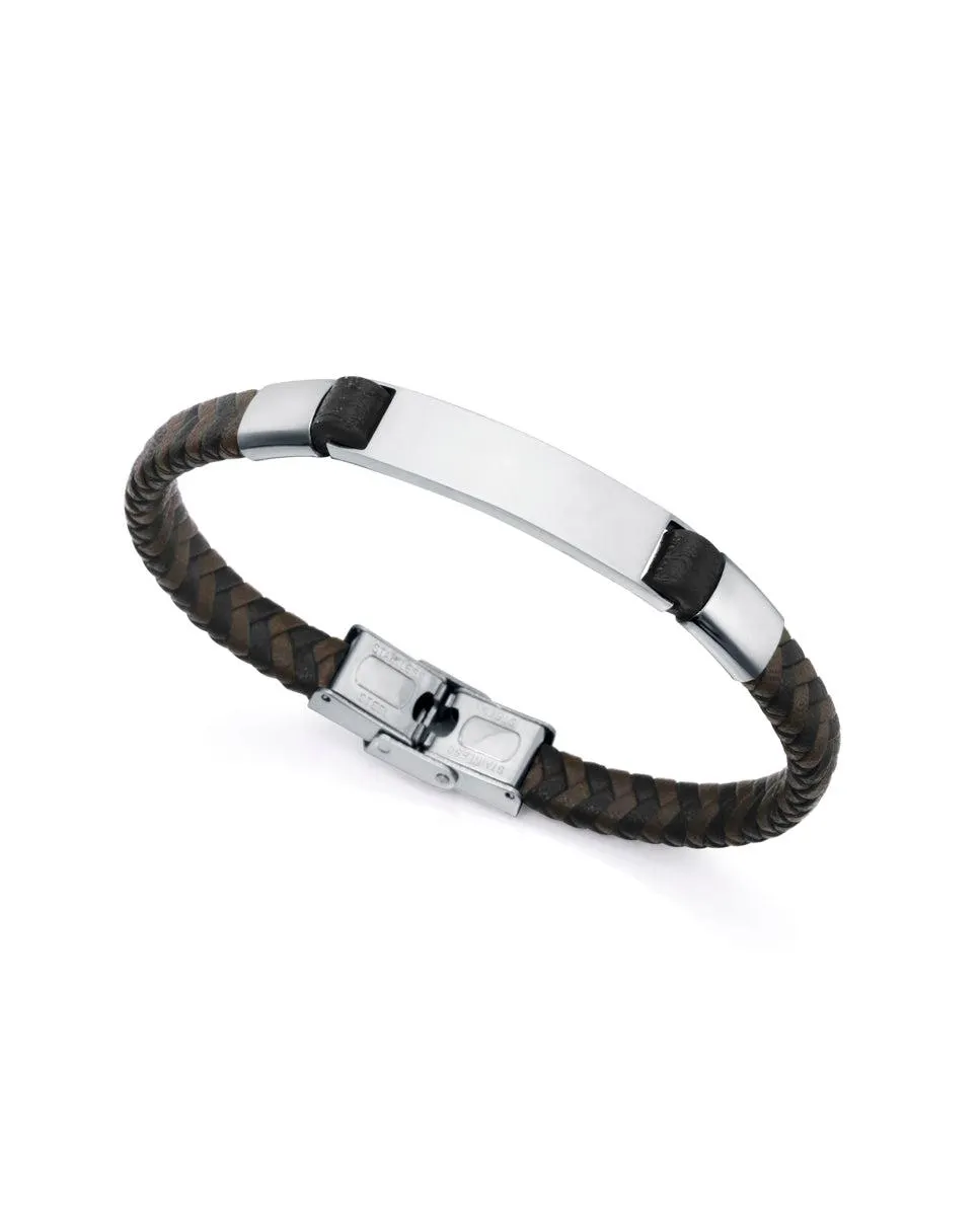 Pulsera Magnum de acero con piel trenzada negra y marrón